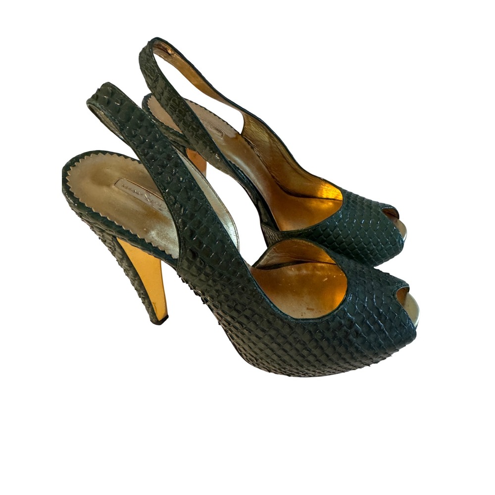Report Signature Green Snakeskin Embossed Peep Toe Platform Slingback Heels 8
